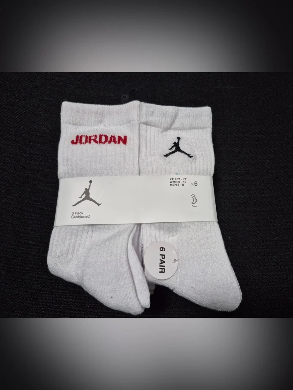 Nike Air Jordan White Crew Socks with Red and Black Logo - 6 Pack